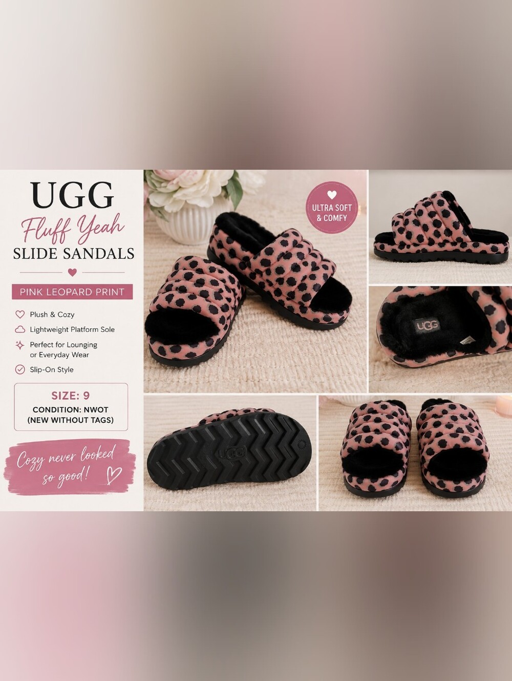 ✨✨UGG Fluff Yeah Slide Sandals | Size 9 | Pink Leopard Print | NWOT